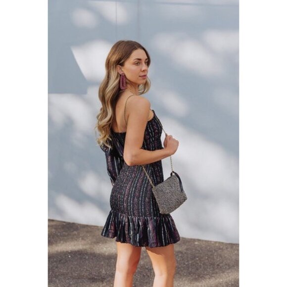 NWOT Farm Rio Lurex BLACK Stripes Mini Dress SIZE XS - Picture 2 of 10